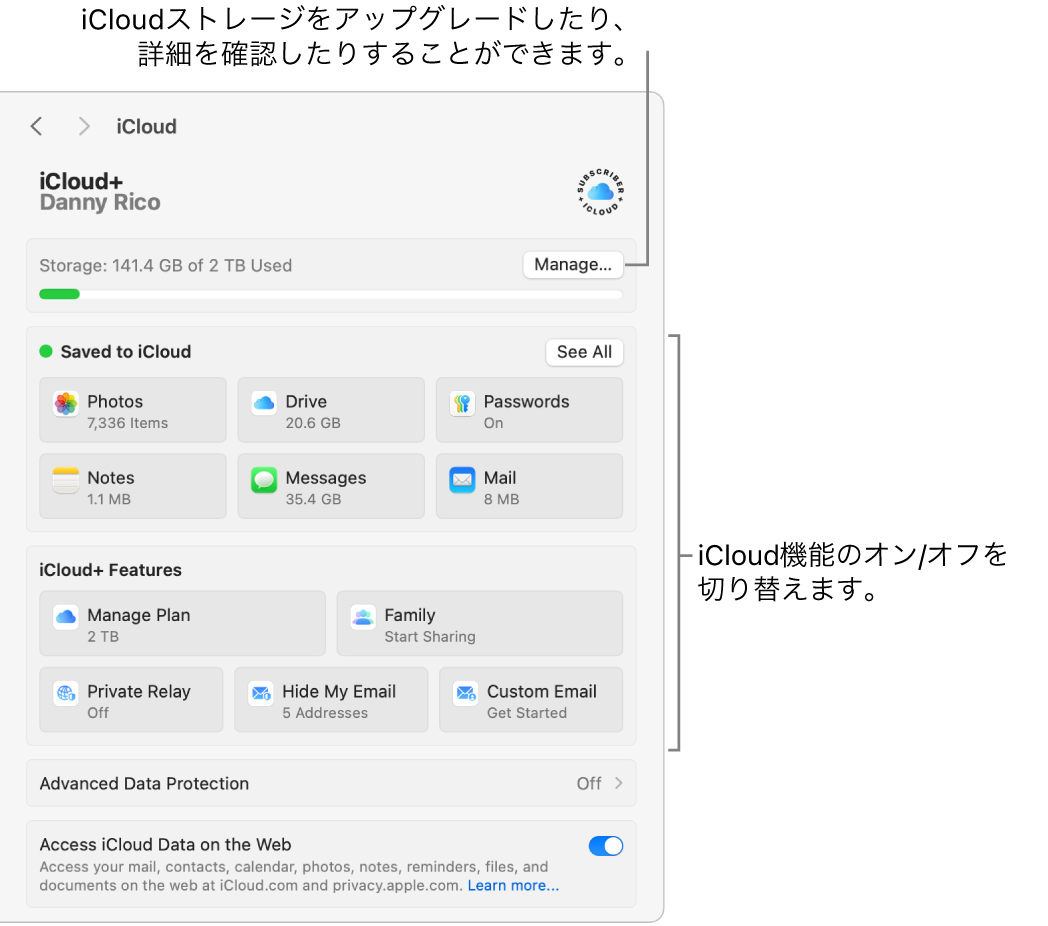 すべての機能がオンになっているiCloud設定。