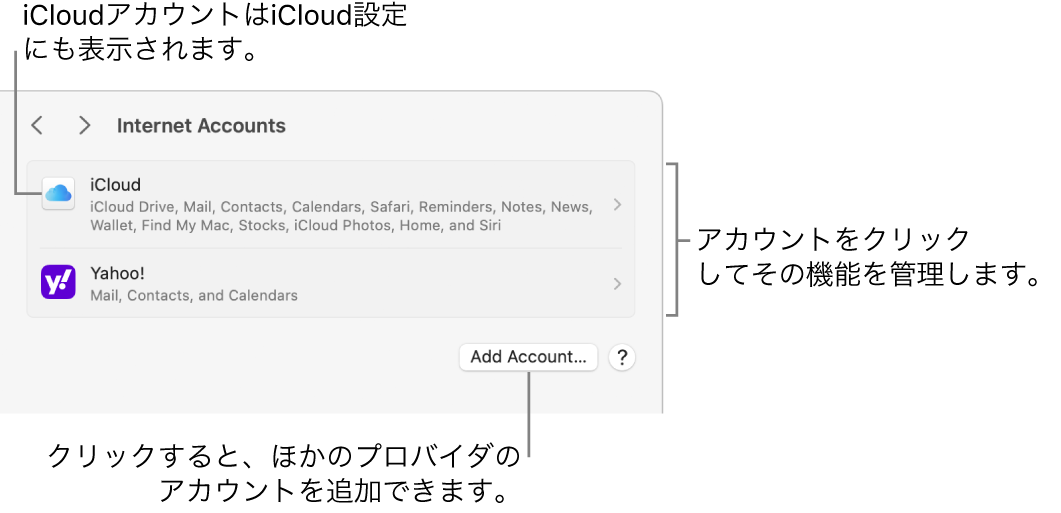 「インターネットアカウント」設定。Macで設定されたアカウントがリストで表示されています。