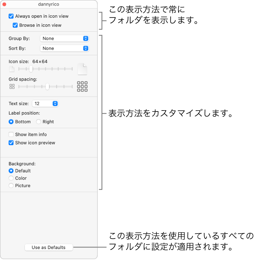 フォルダのアイコン表示のオプション。