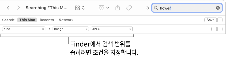 검색 조건을 지정하는 필드가 있는 Finder 윈도우.