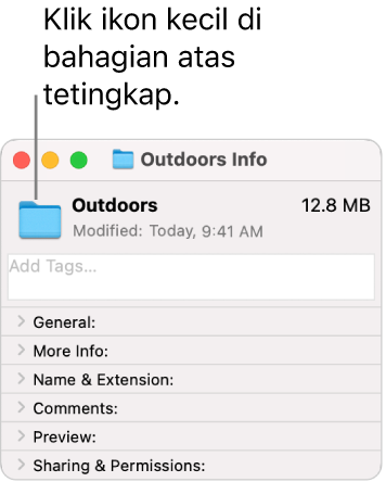 Tetingkap Info untuk folder, menunjukkan ikon generik untuk folder yang dipilih.