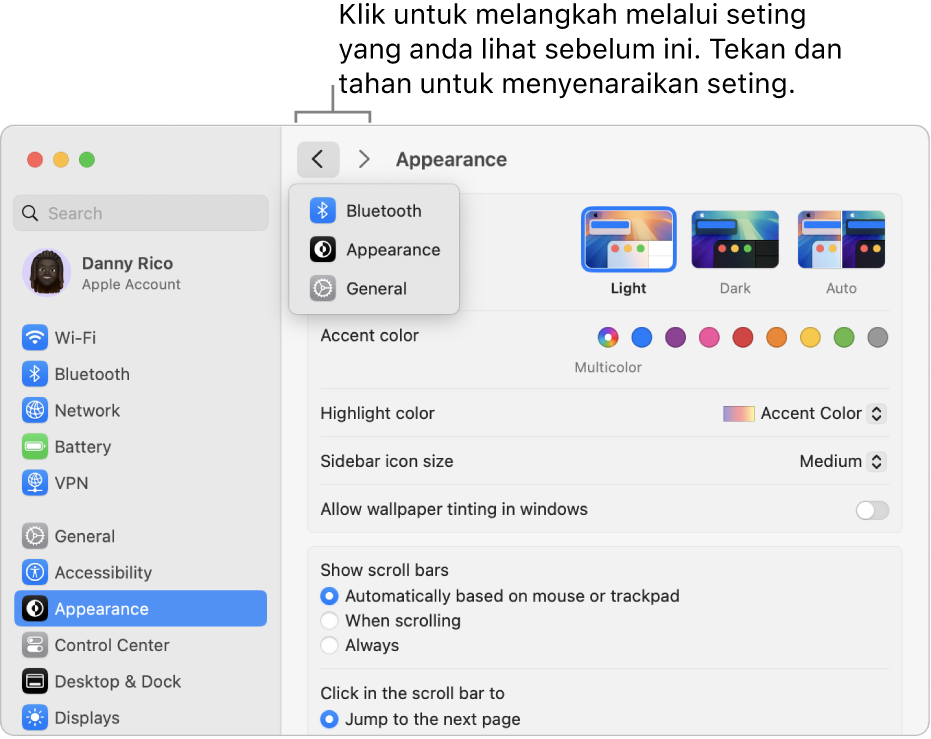Tetingkap Seting Sistem menunjukkan seting terbaru dilihat di bawah butang Balik.
