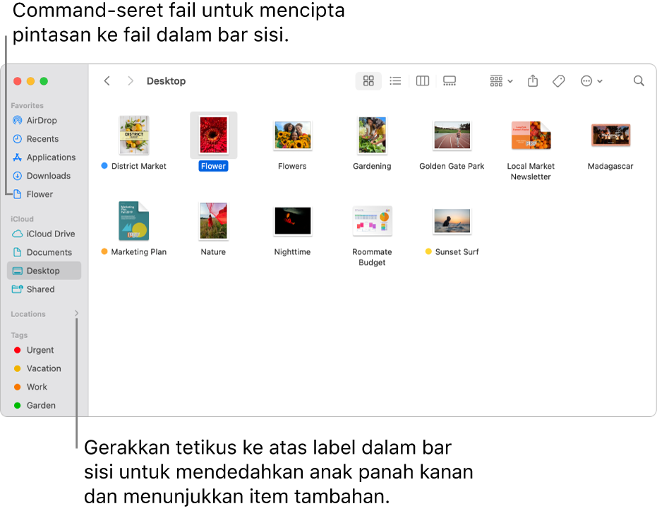Di sebelah kanan Lokasi dalam bar sisi Finder ialah anak panah untuk mengklik bagi menunjukkan item tambahan. Dalam tetingkap Finder di sebelah kanan, fail dipilih dan pintasan ke fail berada dalam bar sisi, di bawah Kegemaran.