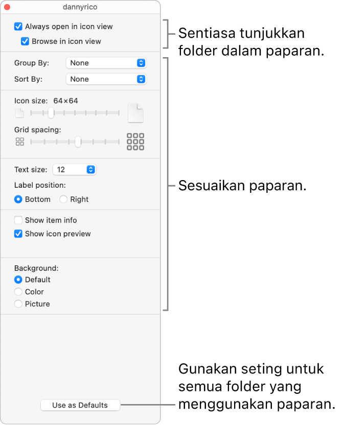 Pilihan paparan Ikon untuk folder.