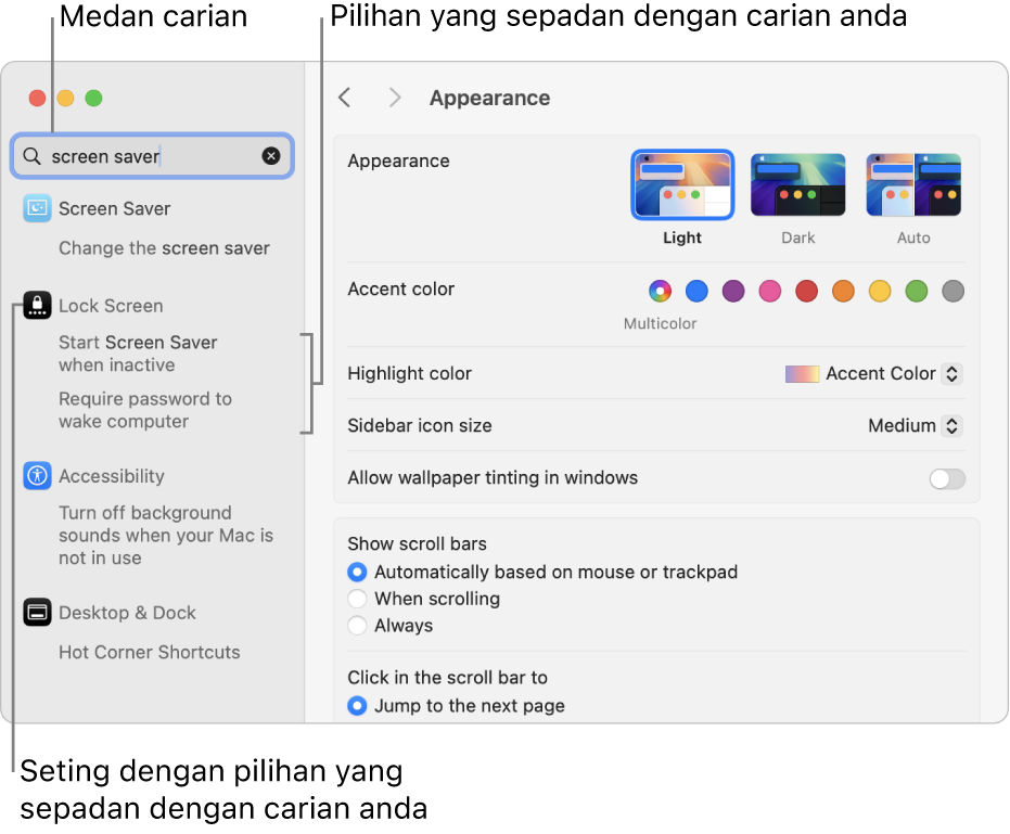 Tetingkap Seting Sistem menunjukkan “penyelamat skrin” dalam medan carian dan senarai hasil carian yang sepadan di bawah medan carian.