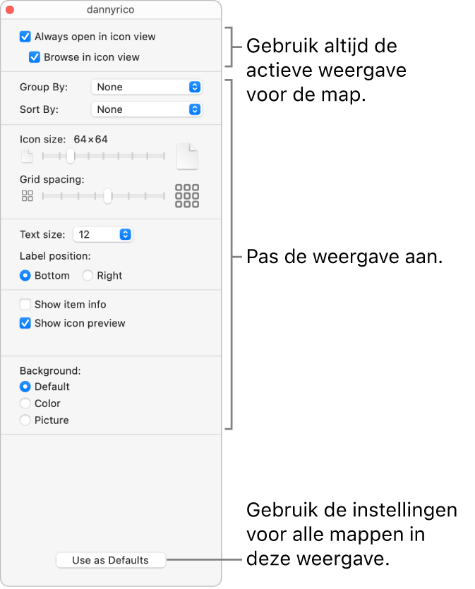 Opties voor de symboolweergave voor een map.