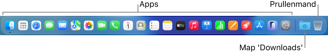 Het Dock met symbolen voor apps, de map 'Downloads' en de prullenmand.