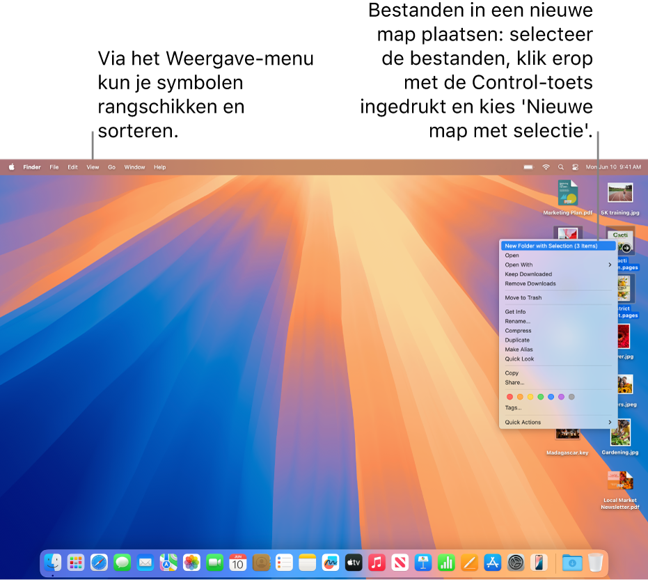 Een bureaublad met bestanden en mappen. Er zijn meerdere bestanden geselecteerd die in een nieuwe map moeten komen te staan. Er is met de Control-toets ingedrukt op een geselecteerd bestand geklikt. Er wordt een pop‑upmenu weergegeven waarin 'Nieuwe map met selectie' is gekozen.