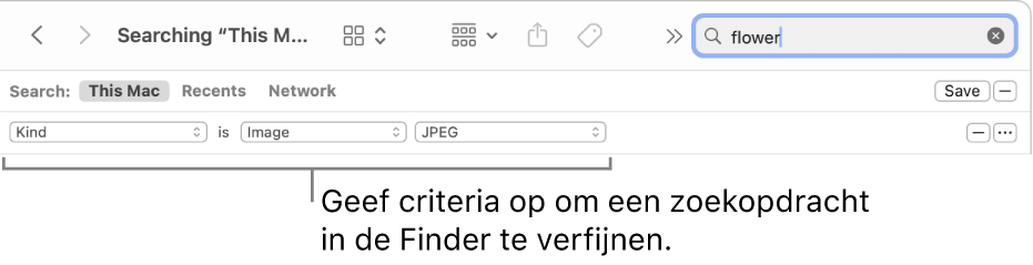 Een Finder-venster met velden voor het opgeven van zoekcriteria.