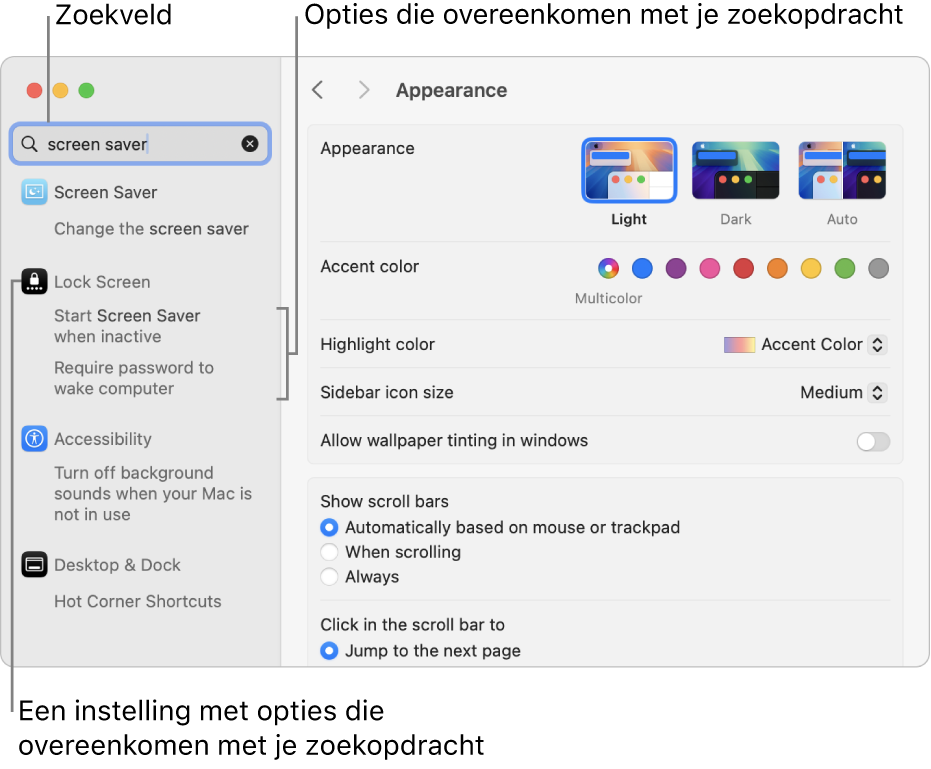 Het venster 'Systeeminstellingen', met de tekst "schermbeveiliging" in het zoekveld en een lijst met overeenkomende zoekresultaten onder het zoekveld.