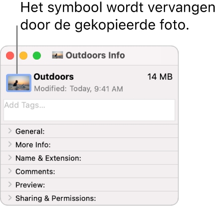 Het infovenster voor een map waarin het algemene symbool is vervangen door een afbeelding.