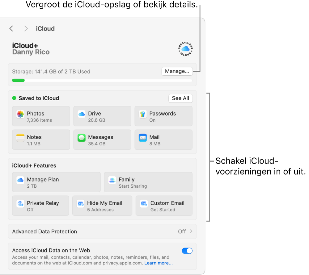 iCloud-instellingen met alle functies ingeschakeld.