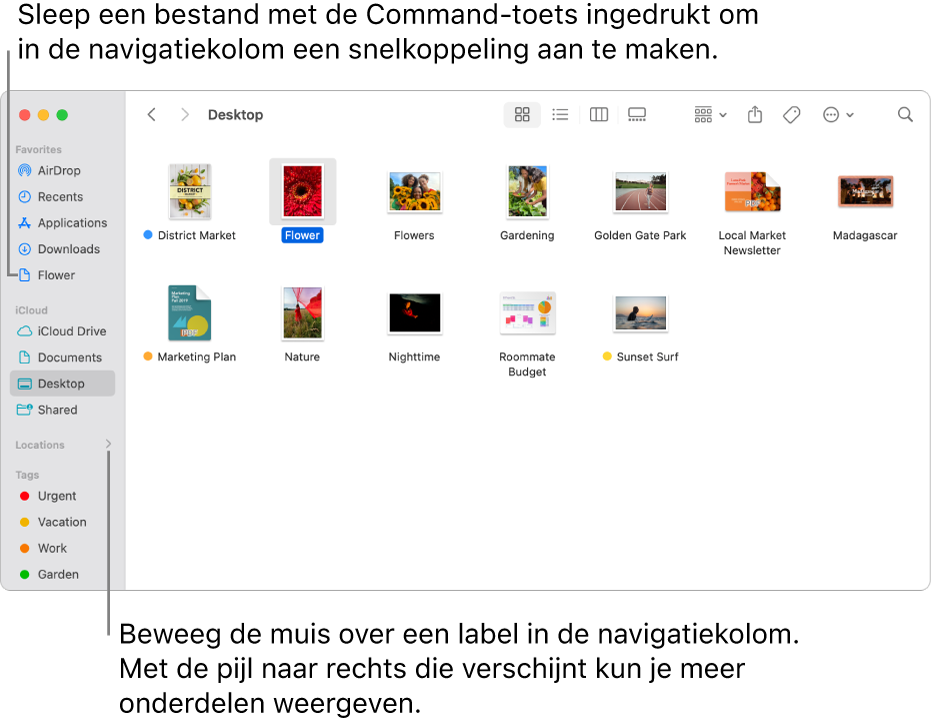 Rechts van 'Locaties' in de Finder-navigatiekolom kun je op een pijl klikken om meer onderdelen weer te geven. In het Finder-venster aan de rechterkant is een bestand geselecteerd en in de navigatiekolom zie je onder 'Favorieten' een snelkoppeling naar het bestand.