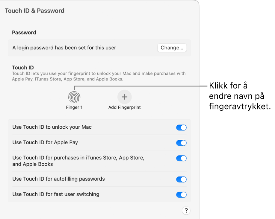 Touch ID og passord-innstillingene, som viser at et fingeravtrykk er klart og kan brukes til å låse opp Macen.