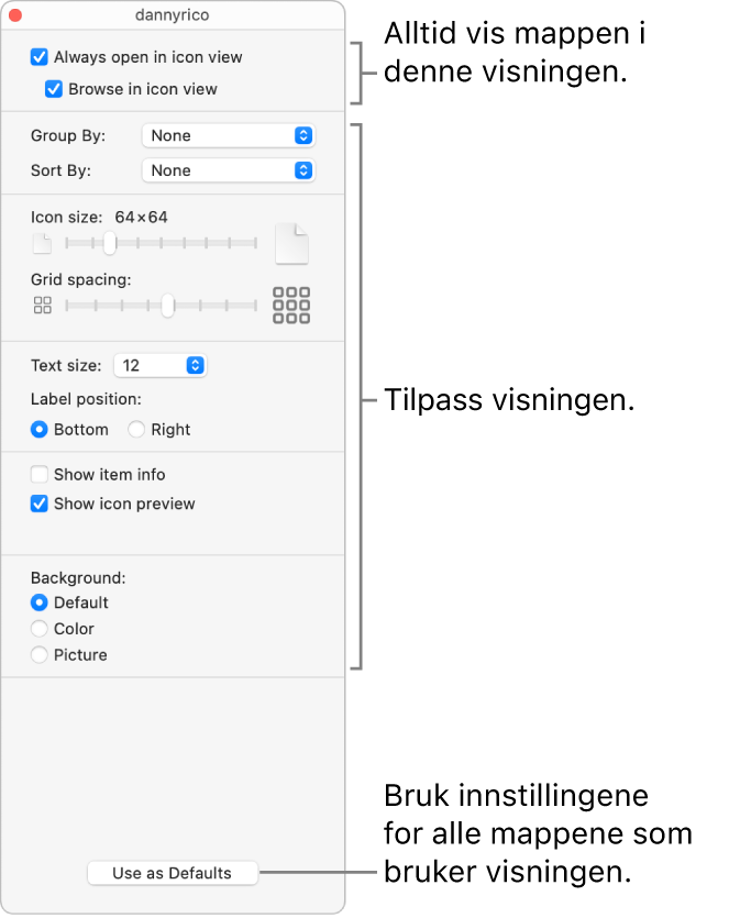 Symbolvisningsvalg for en mappe.