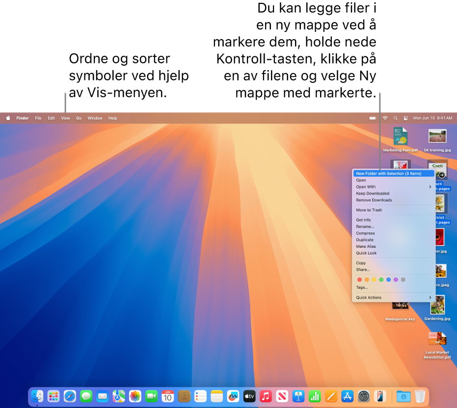 Et skrivebord som viser filer og mapper. Flere filer markeres og skal plasseres i en ny mappe. Et Kontroll-klikk på en markert fil viser en lokalmeny, og Ny mappe med markerte velges.