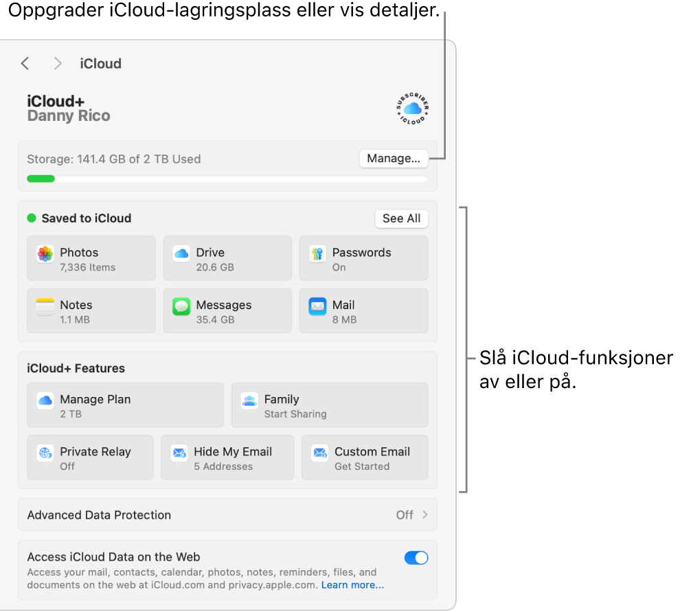 iCloud-innstillinger med alle funksjonene slått på.