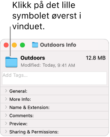 Info-vinduet for en mappe som viser det generiske symbolet for den markerte mappen.