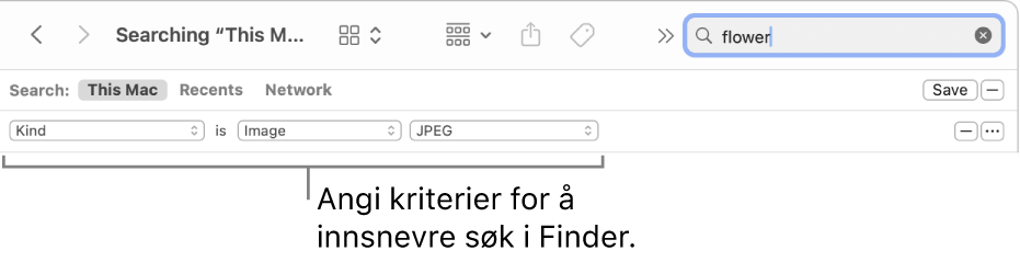 Et Finder-vindu med felt for å spesifisere søkekriterier.