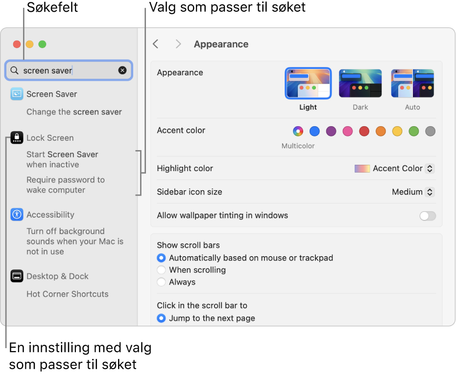 Systeminnstillinger-vinduet viser «skjermsparer» i søkefeltet, og en liste med søkeresultater vises under søkefeltet.