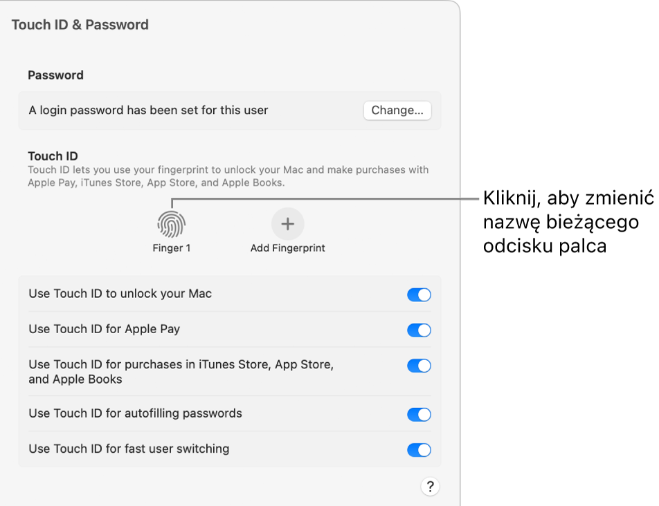 Ustawienia Touch ID i hasła z informacją, że odcisk palca jest gotowy i może być używany do odblokowywania Maca.