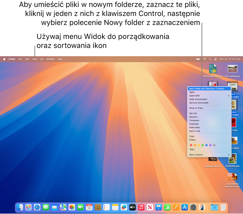 Biurko z plikami i folderami. Niektóre pliki są zaznaczone w celu umieszczenia ich w nowym folderze. Kliknięcie z klawiszem Control w zaznaczony plik wyświetla menu podręczne, w którym wybrane jest polecenie Nowy folder z zaznaczeniem.