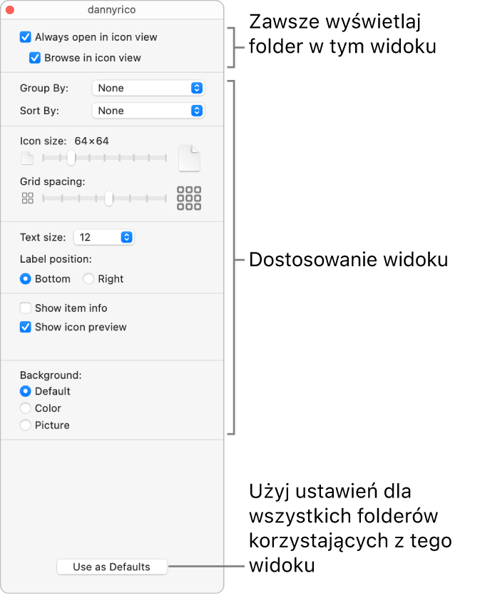 Opcje widoku ikon w folderze.