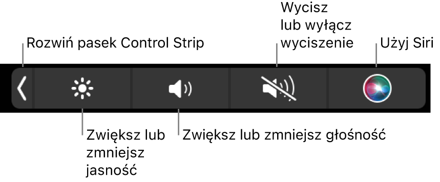 Zwinięty Control Strip zawiera przyciski (od lewej do prawej) pozwalające rozwijać Control Strip, zwiększać lub zmniejszać jasność ekranu i głośność, wyciszać lub włączać dźwięk, a także używać Siri.