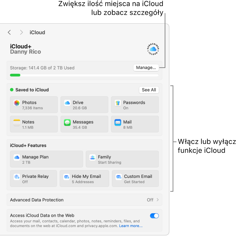 Ustawienia iCloud z włączonymi wszystkimi funkcjami.