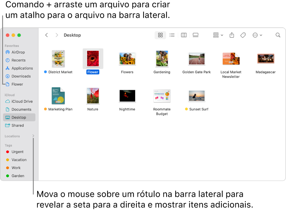À direita de Localizações na barra lateral do Finder, há uma seta que pode ser clicada para mostrar itens adicionais. Na janela do Finder à direita, um arquivo está selecionado e um atalho para o arquivo está na barra lateral, abaixo de Favoritos.