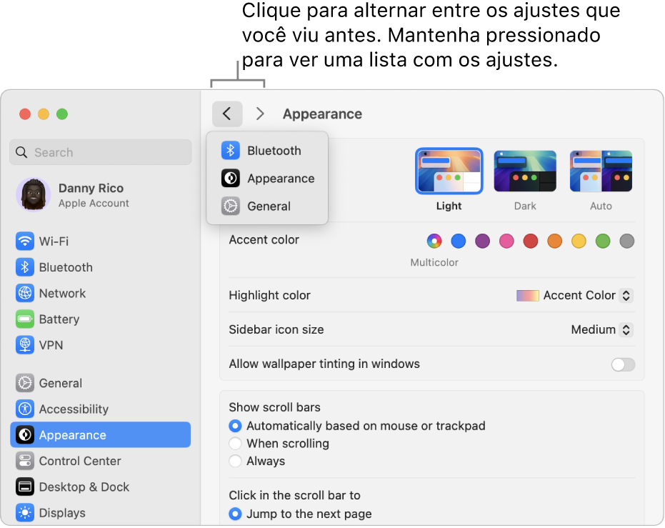 Janela dos Ajustes do Sistema mostrando ajustes recentemente visualizados abaixo do botão Voltar.