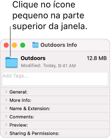 Janela de Informações de uma pasta, mostrando o ícone genérico para a pasta selecionada.