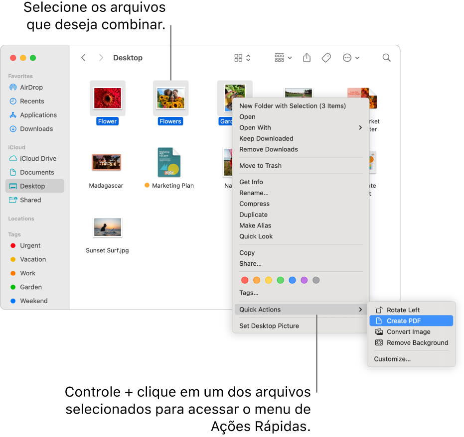 Janela do Finder contendo arquivos e pastas, onde três arquivos estão selecionados e Criar PDF está destacado no menu Ações Rápidas.