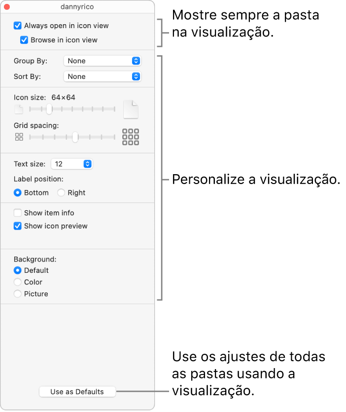 Opções de visualização por Ícone de uma pasta.