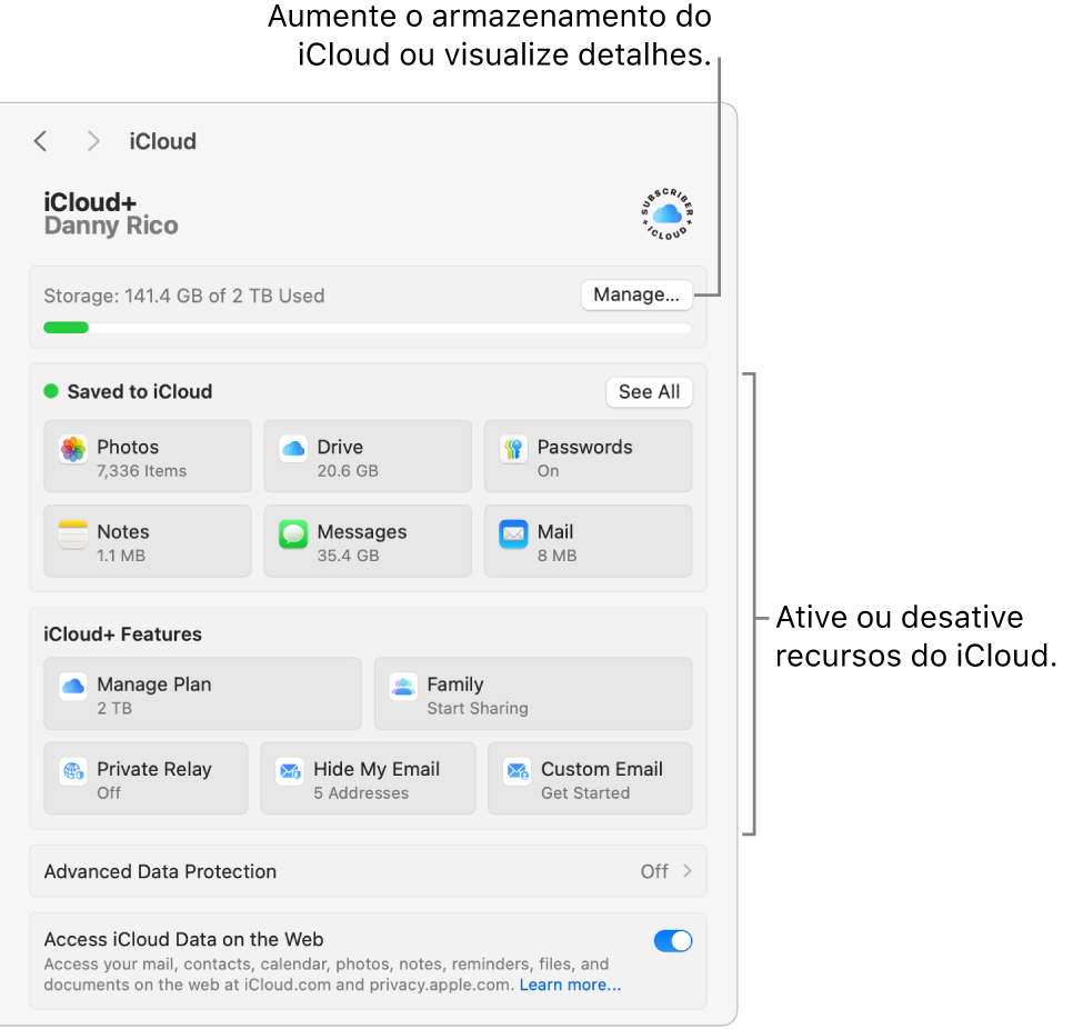 Ajustes do iCloud com todos os recursos ativados.