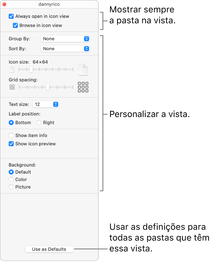 Opções de vista de ícones para uma pasta.