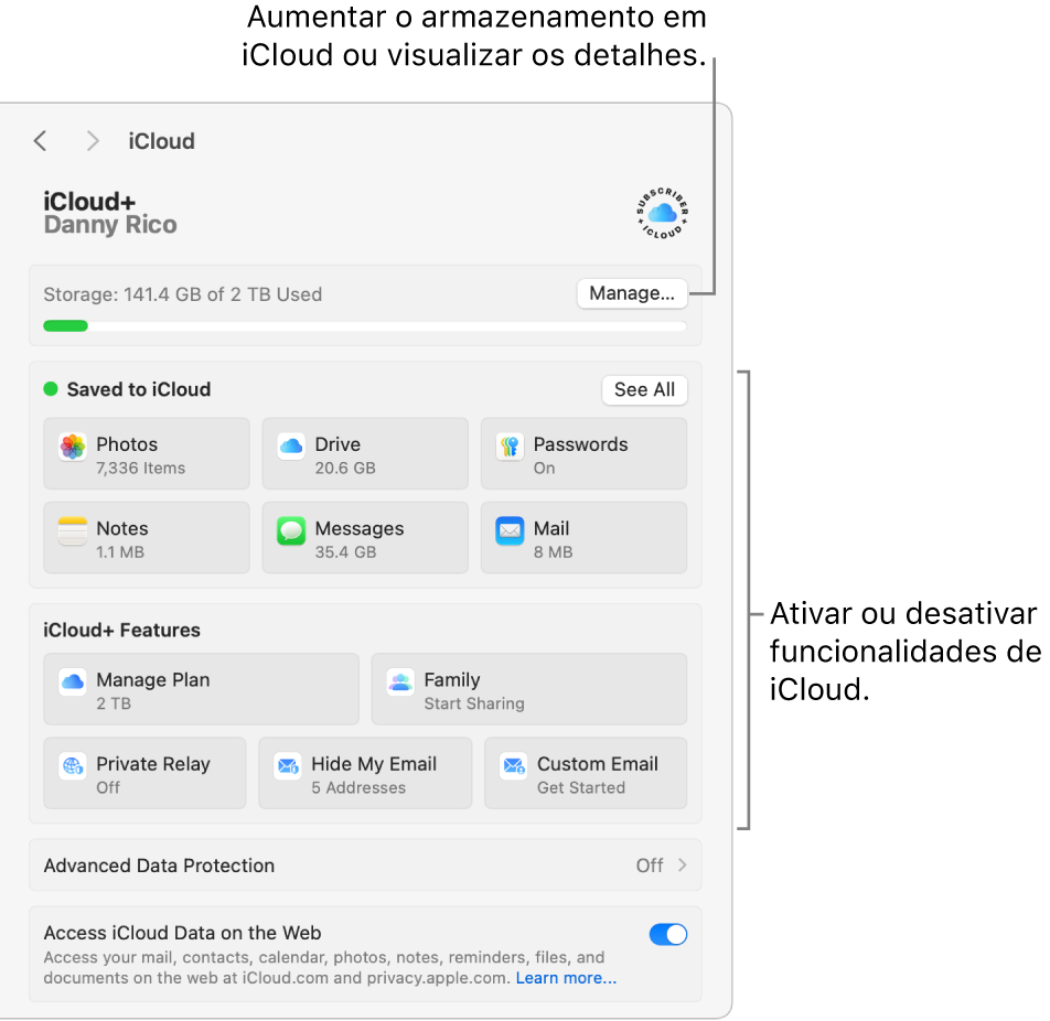 As definições de iCloud com todas as funcionalidades ativadas.