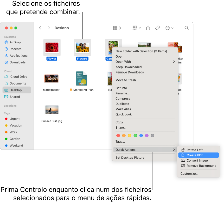 Uma janela do Finder com ficheiros e pastas, na qual estão selecionados três ficheiros e o elemento “Criar PDF” está realçado no menu “Ações rápidas”.