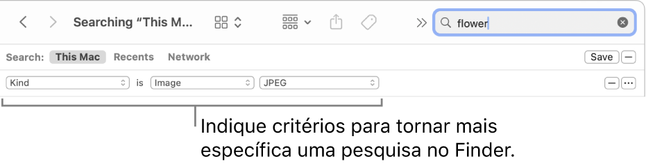 Uma janela do Finder com campos para especificar os critérios de pesquisa.