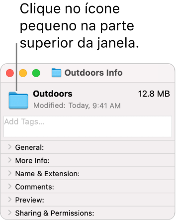 A janela Informações para uma pasta, a mostrar o ícone genérico para a pasta selecionada.
