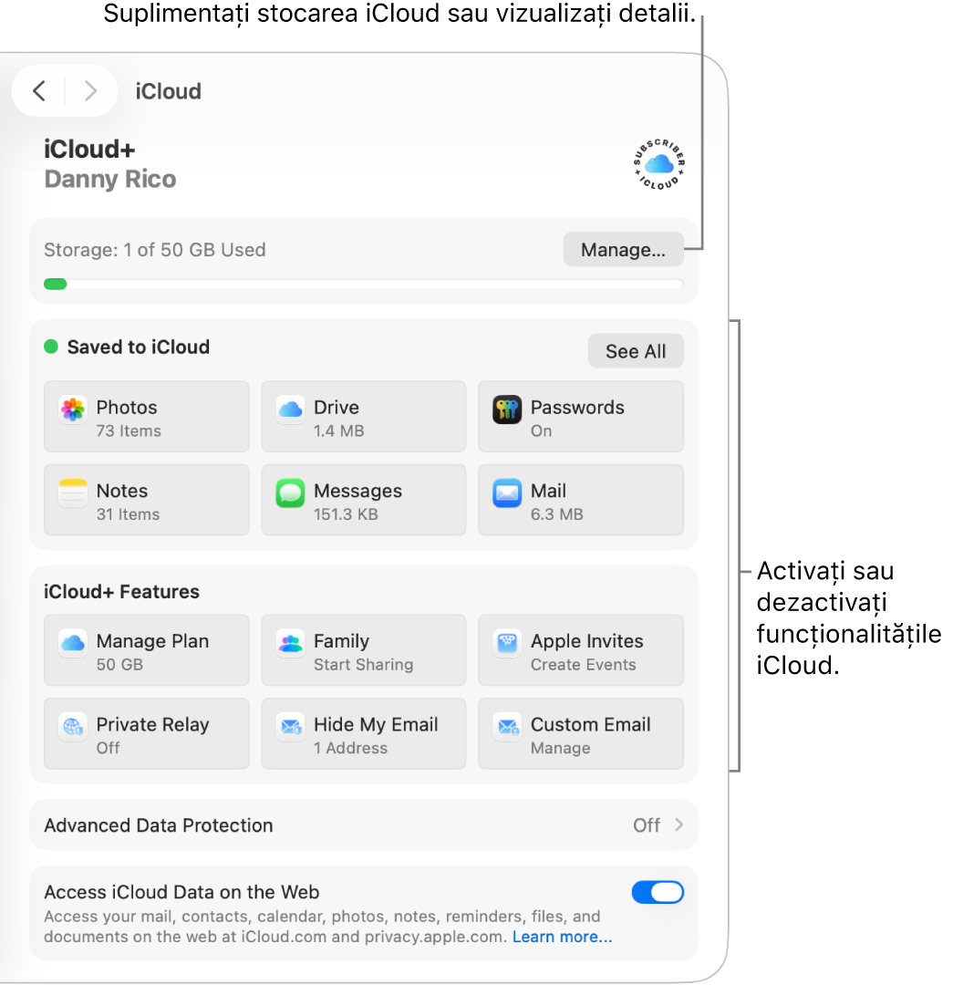 Configurările iCloud pentru cele mai utilizate funcționalități.