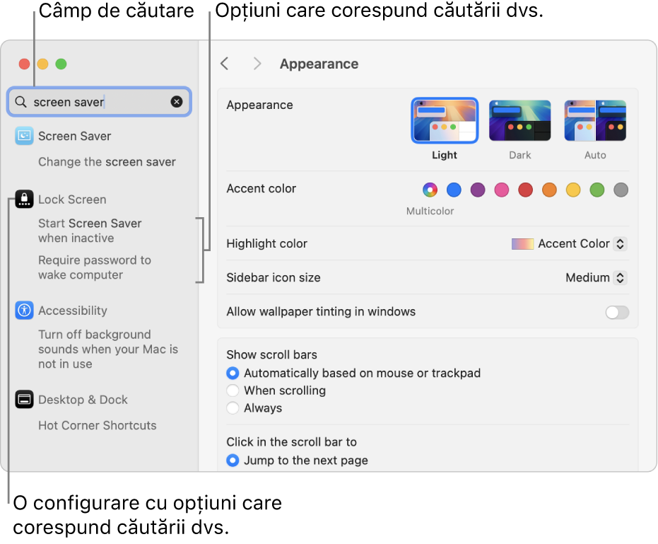 Fereastra Configurări sistem afișând „screensaver” în câmpul de căutare și o listă cu rezultatele de căutare corespunzătoare sub câmpul de căutare.
