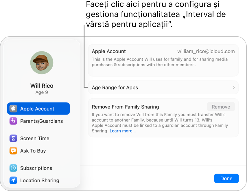 Configurările contului Apple ale unui copil, afișate pe Mac, prezentând unde se configurează și se gestionează opțiunea „Interval de vârstă pentru aplicații”.