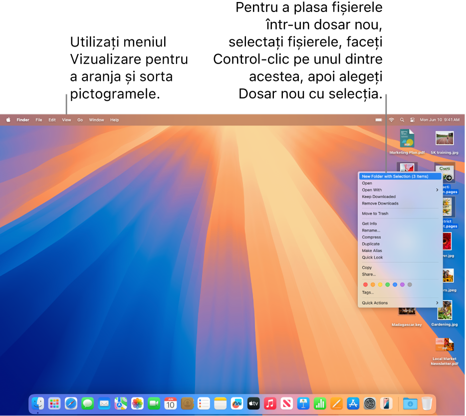 Un desktop care afișează fișiere și dosare. Mai multe fișiere sunt selectate pentru a fi plasate într‑un dosar nou. Un Control‑clic pe un fișier selectat afișează un meniu pop‑up și este afișată opțiunea Dosar nou cu selecția.