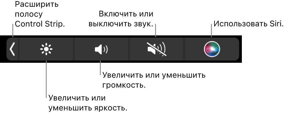 В свернутой полосе Control Strip есть следующие кнопки (слева направо): раскрытие Control Strip, увеличение и уменьшение яркости экрана и громкости, включение и выключение звука, использование Siri.