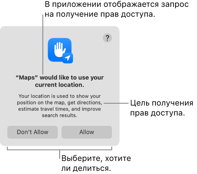Приложение «Карты» с запросом разрешения на использование Вашей текущей геопозиции.