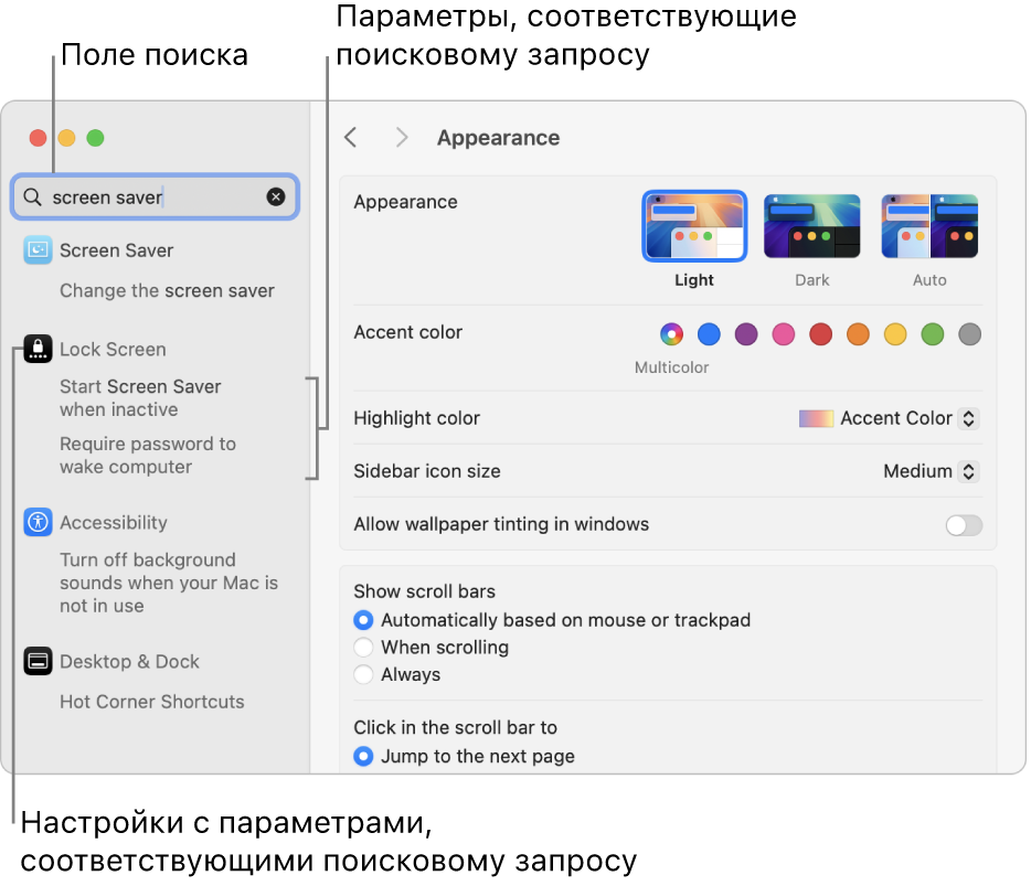 Окно Системных настроек, в котором показано поле поиска с запросом «заставка» и список результатов под полем поиска.