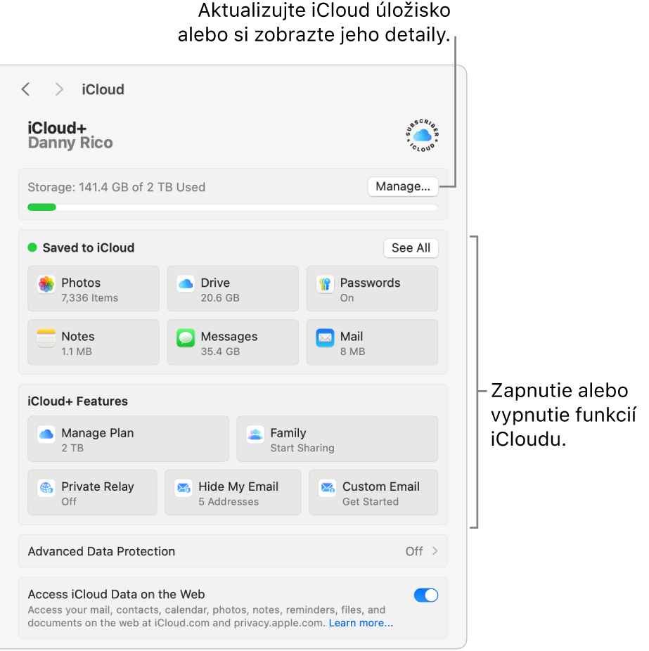 Nastavenia iCloudu so všetkými funkciami zapnutými.