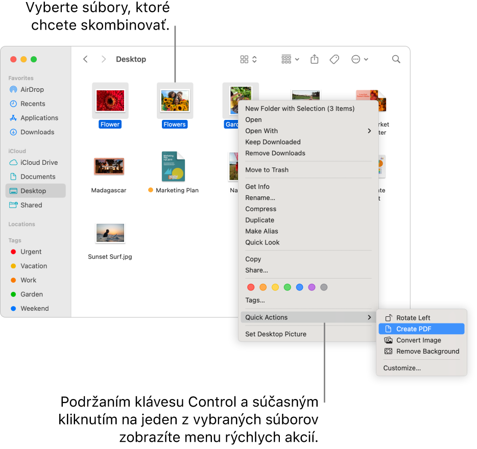 Okno Finder obsahujúce súbory a priečinky. Sú označené tri súbory a v menu Rýchle akcie je zvýraznená možnosť Vytvoriť PDF.