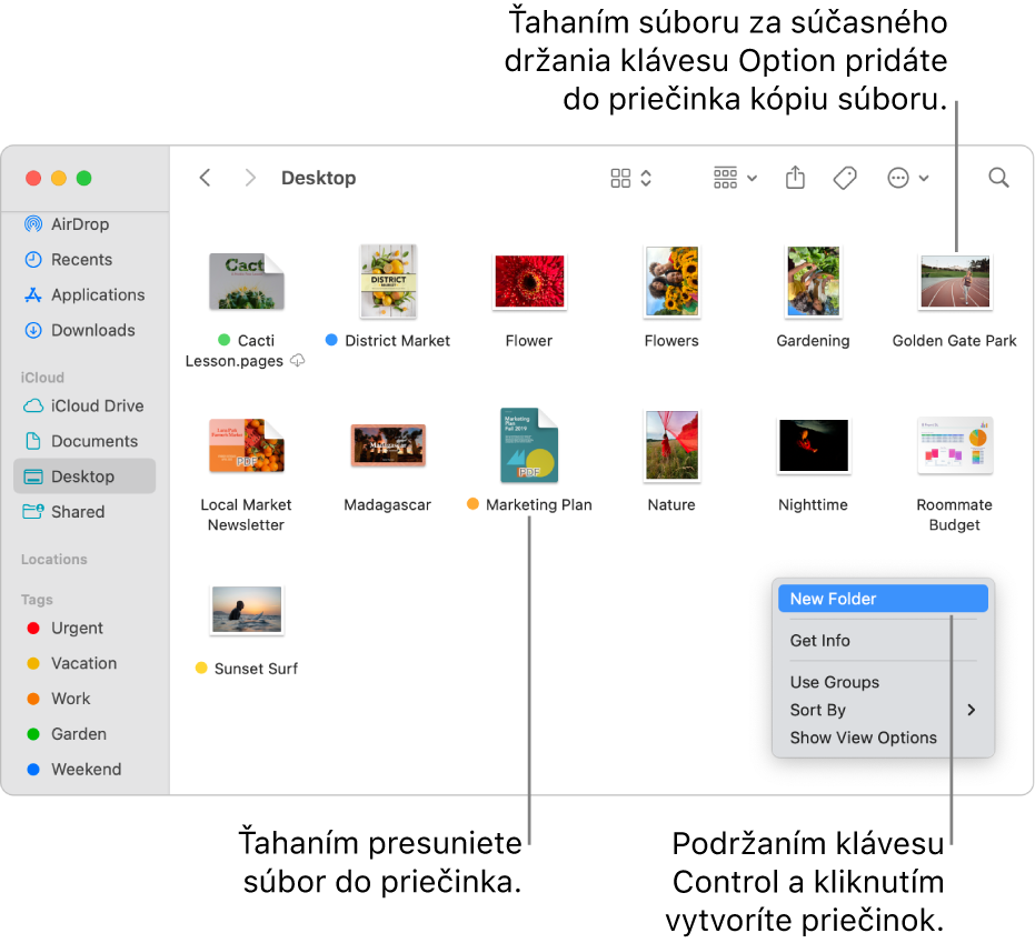 Okno Findera obsahujúce súbory a priečinky. V menu skratiek je zvýraznená možnosť Nový priečinok.